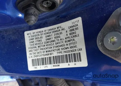 2018 Honda Civic Ex-L from USA, damaged, VIN 2HGFC1F70JH641871